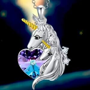 Unicorn mother & daughter Heart Shaped Fashion Elegant Necklace 18”Rhinestone